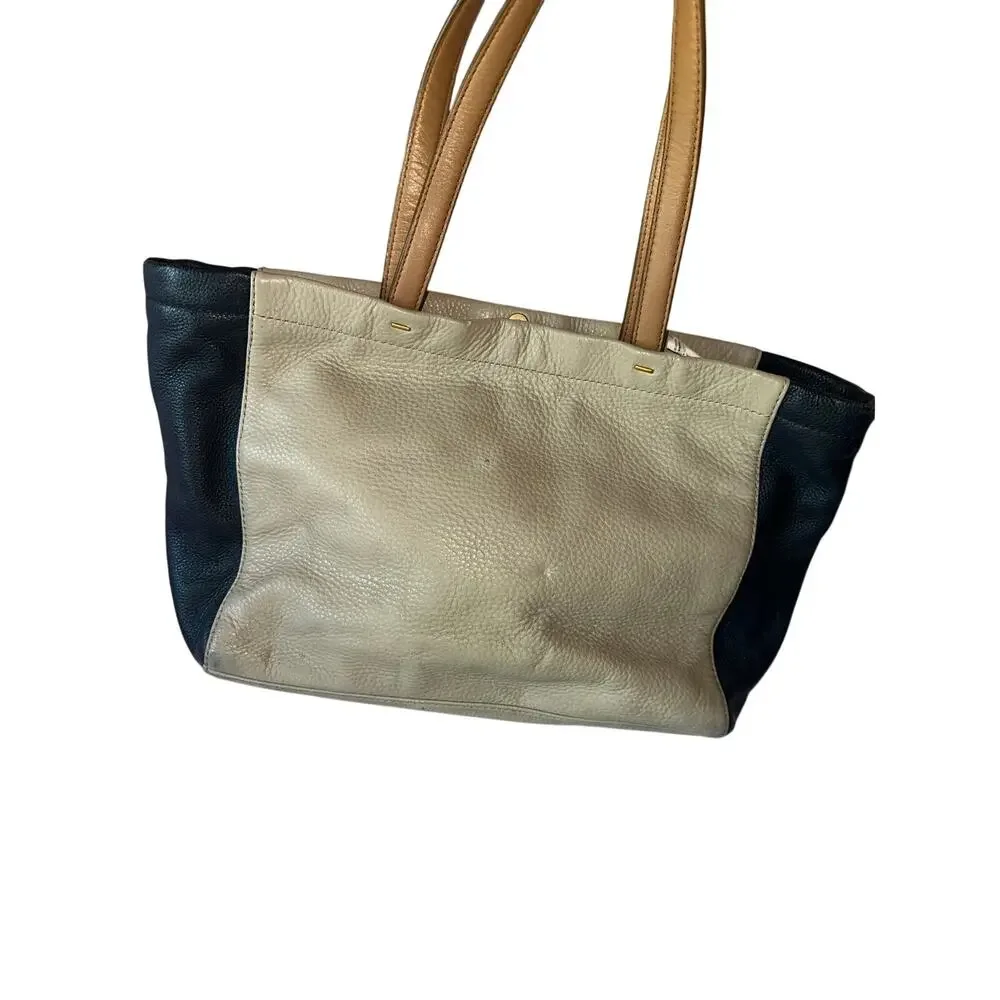 Marc by Marc Jacobs Leather Colorblock Tote Bag Cream Navy Tan Large Shoulder